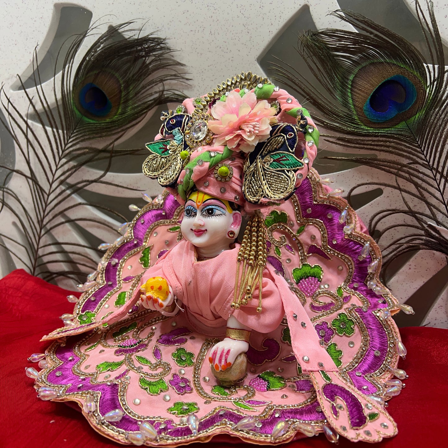 Elegant Pink Embroidered Laddu Gopal Dress Set with Crown & Accessories