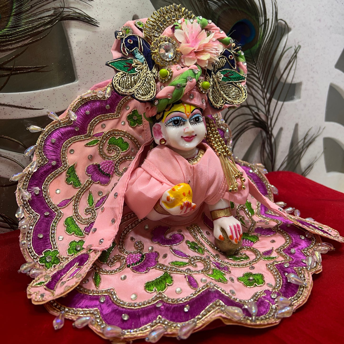 Elegant Pink Embroidered Laddu Gopal Dress Set with Crown & Accessories