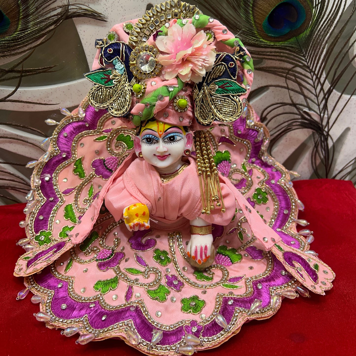 Elegant Pink Embroidered Laddu Gopal Dress Set with Crown & Accessories
