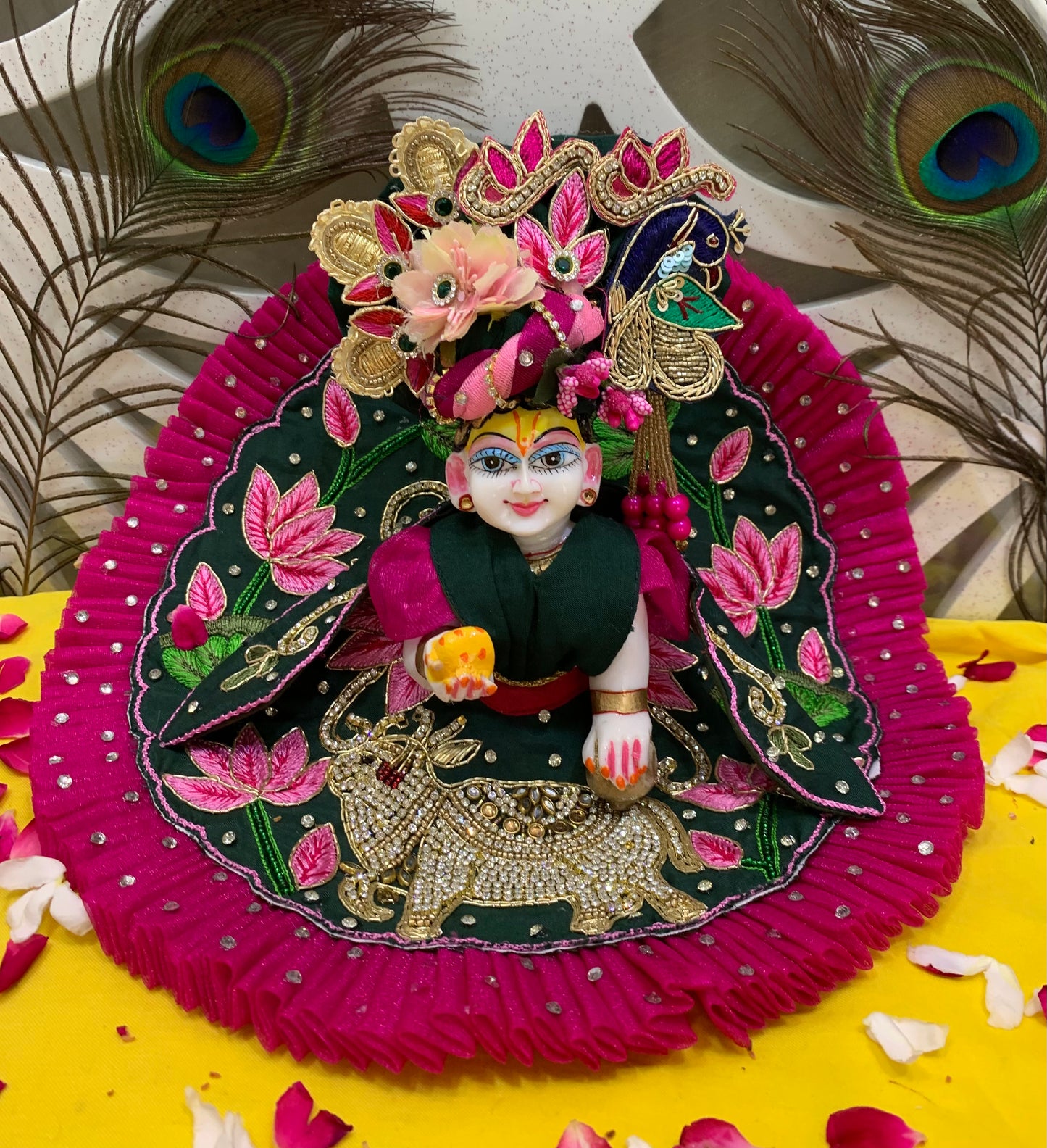 Peacock Green & Magenta Laddu Gopal Dress with Lotus Embroidery and Kamdhenu Motif