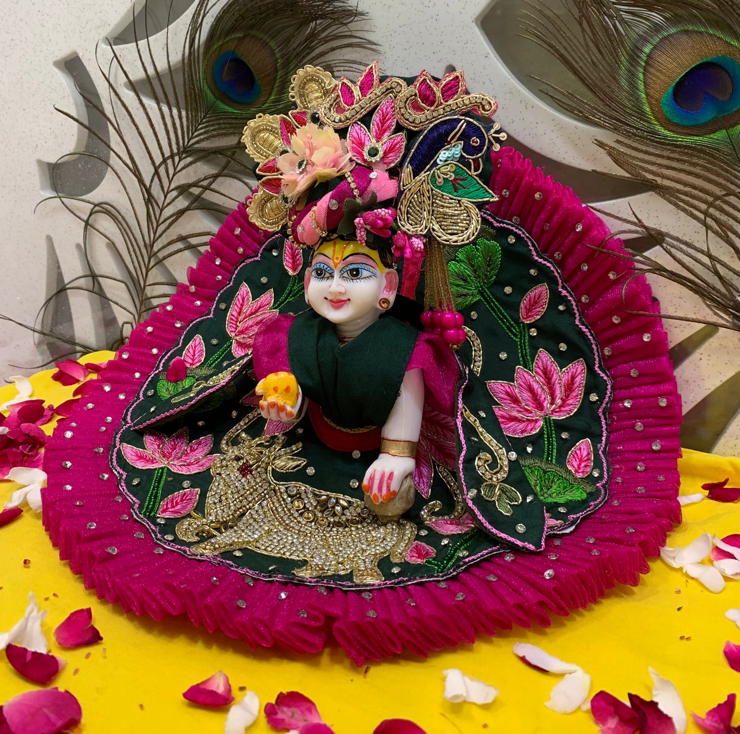 Peacock Green & Magenta Laddu Gopal Dress with Lotus Embroidery and Kamdhenu Motif