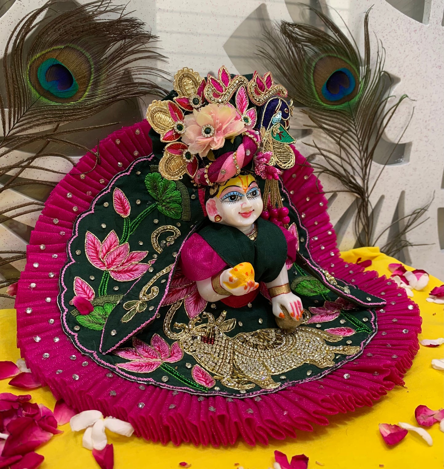 Peacock Green & Magenta Laddu Gopal Dress with Lotus Embroidery and Kamdhenu Motif