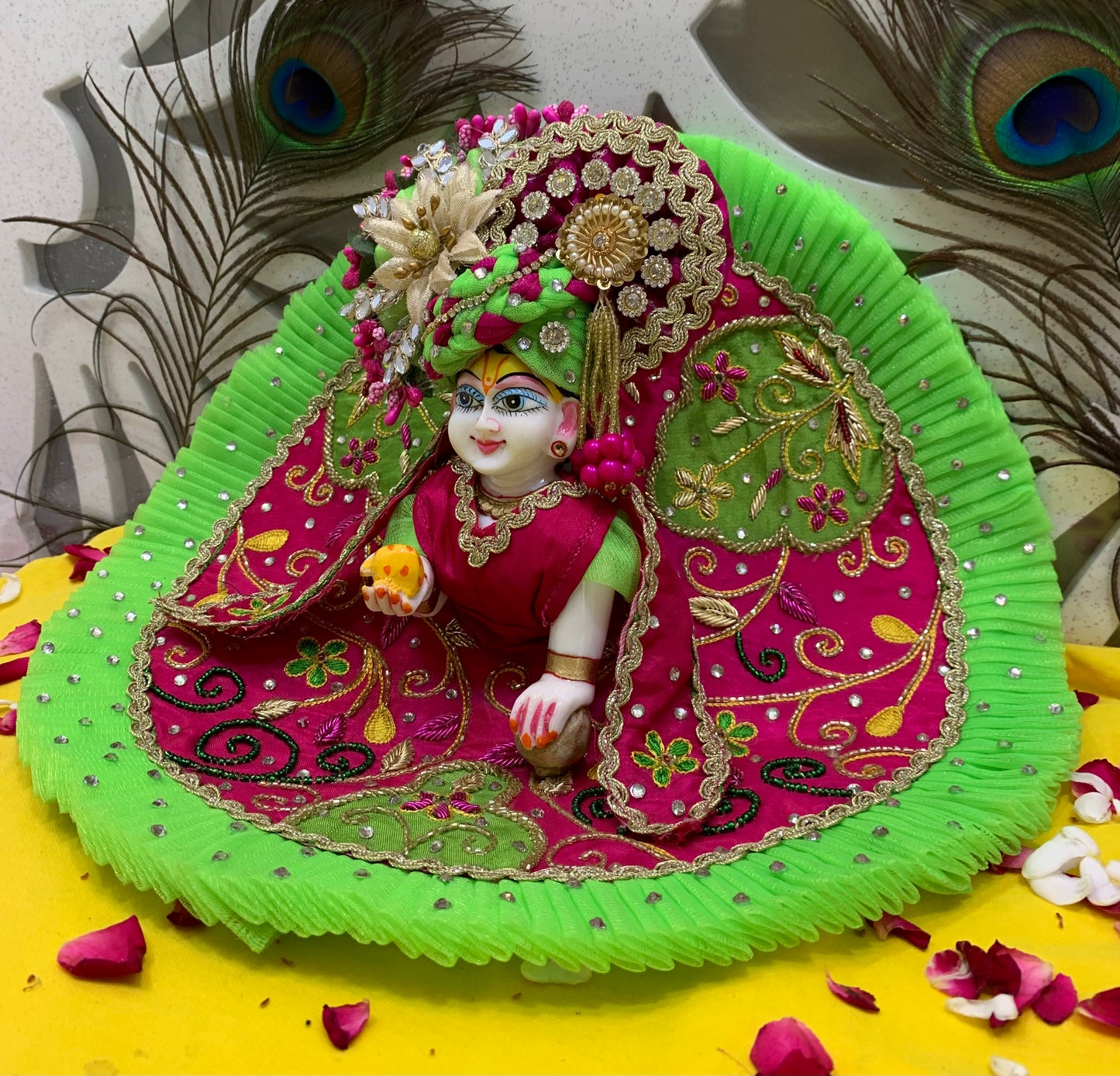 Dual-Tone Pink & Green Laddu Gopal Dress with Embroidered Floral Design & Elegant Accessories