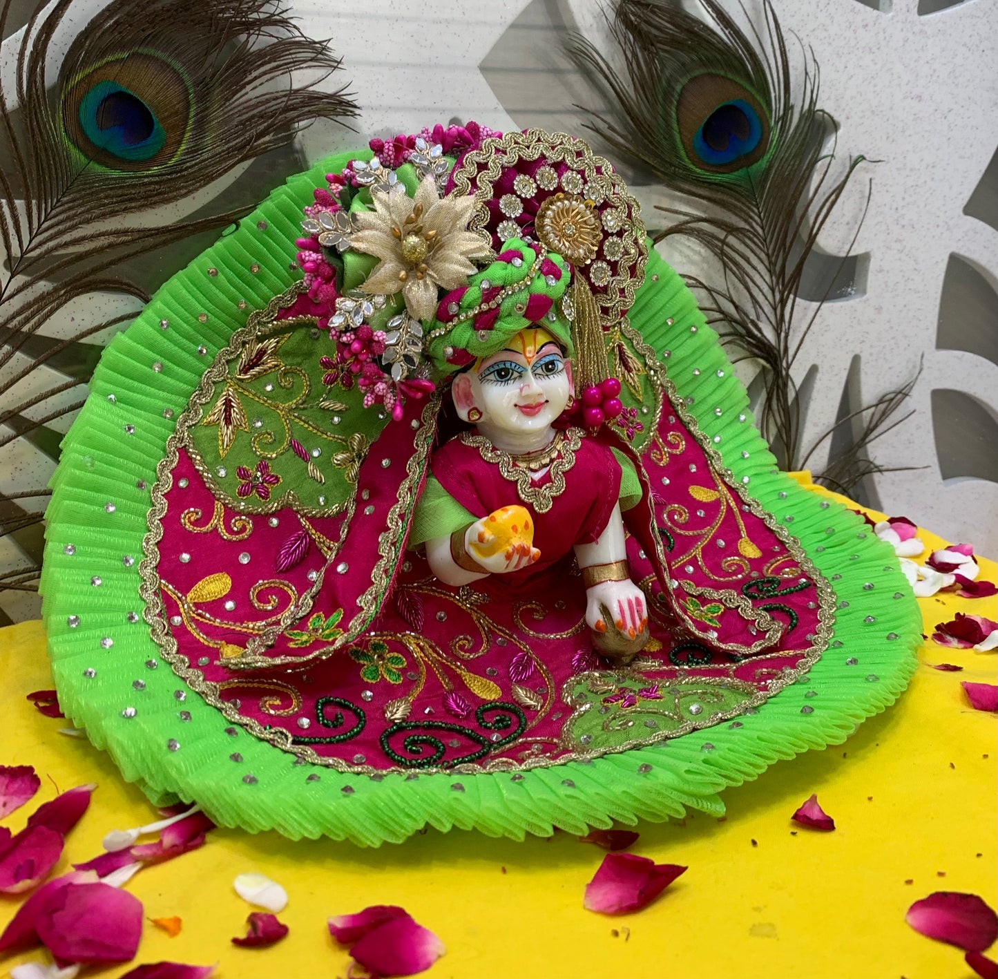 Dual-Tone Pink & Green Laddu Gopal Dress with Embroidered Floral Design & Elegant Accessories