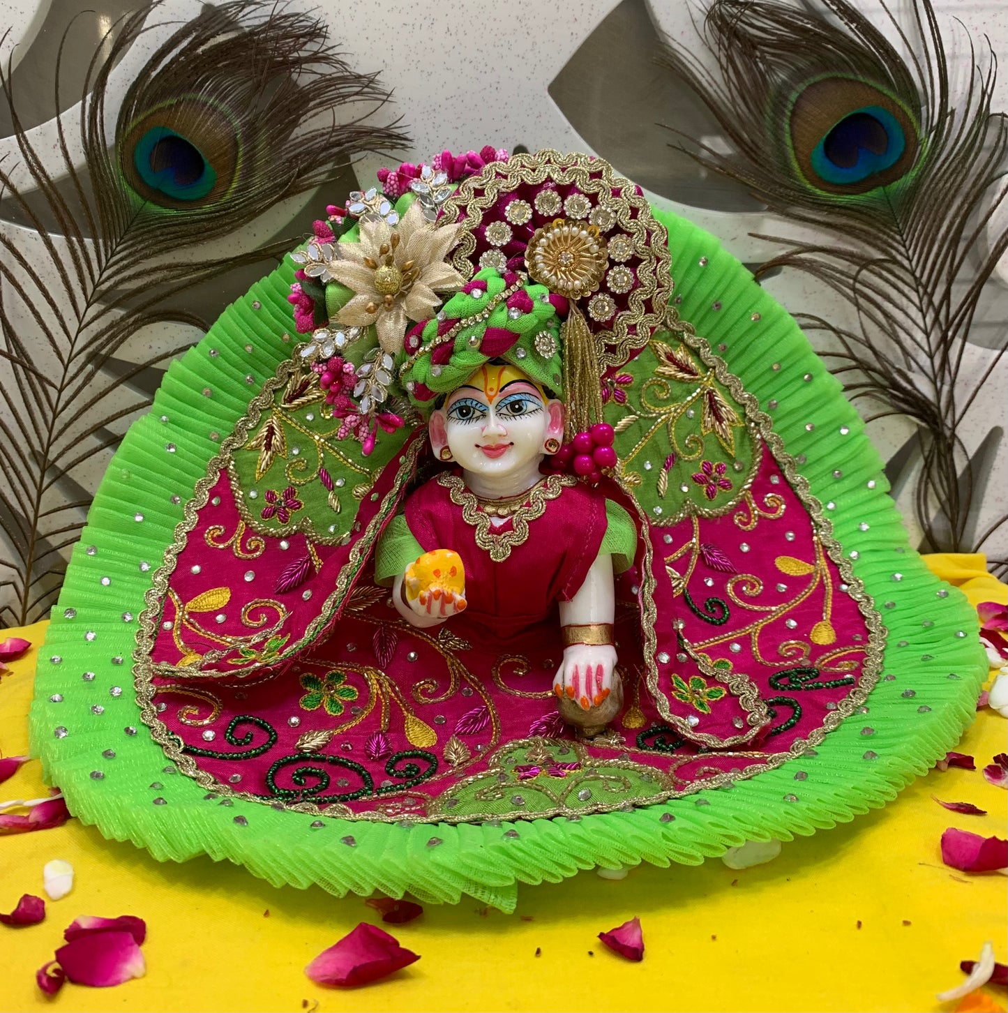 Dual-Tone Pink & Green Laddu Gopal Dress with Embroidered Floral Design & Elegant Accessories
