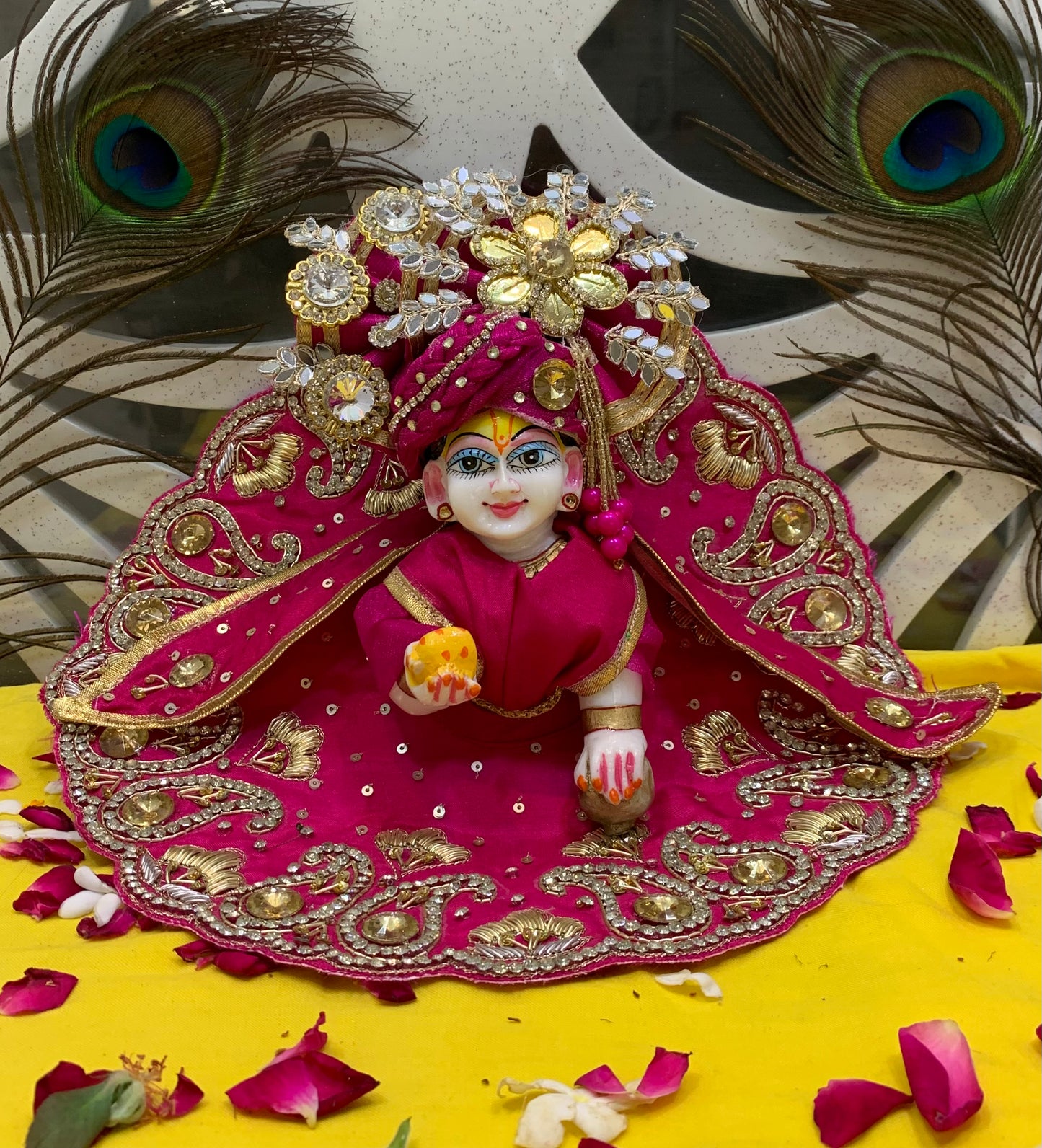 Royal Pink Laddu Gopal Dress Set with Golden Embroidery & Designer Crown