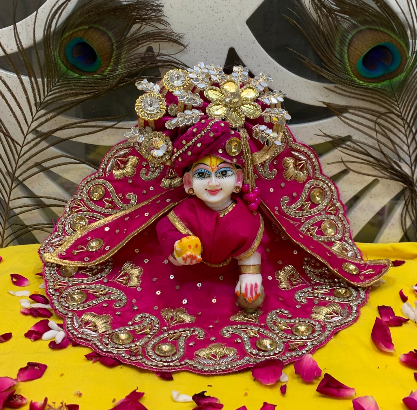 Royal Pink Laddu Gopal Dress Set with Golden Embroidery & Designer Crown