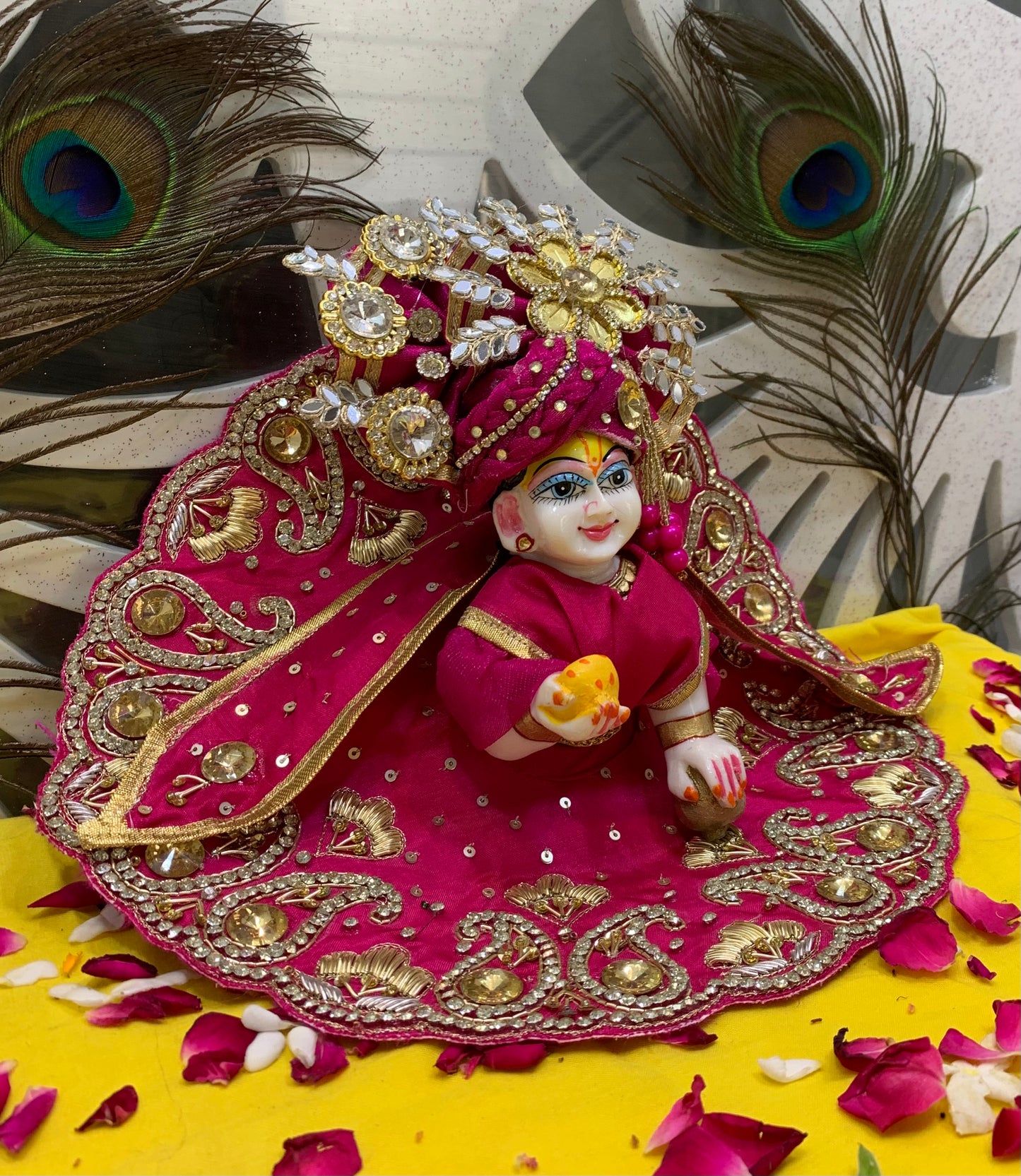 Royal Pink Laddu Gopal Dress Set with Golden Embroidery & Designer Crown