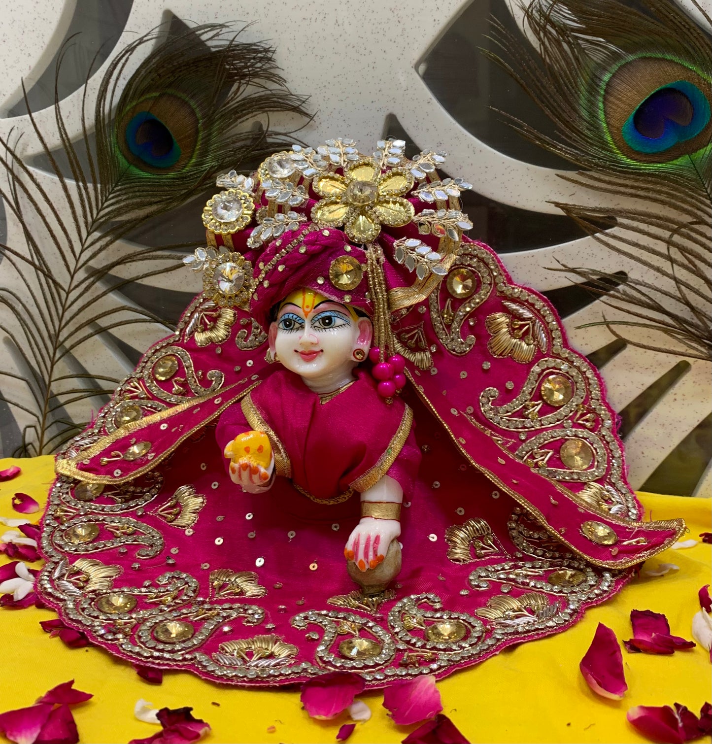 Royal Pink Laddu Gopal Dress Set with Golden Embroidery & Designer Crown
