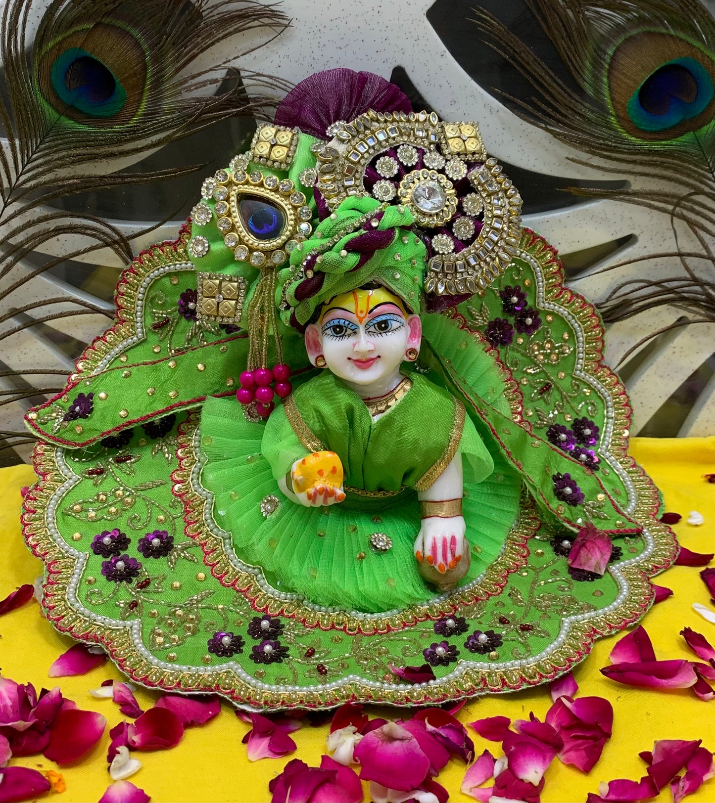 Elegant Green Embroidered Laddu Gopal Dress Set with Crown & Accessories