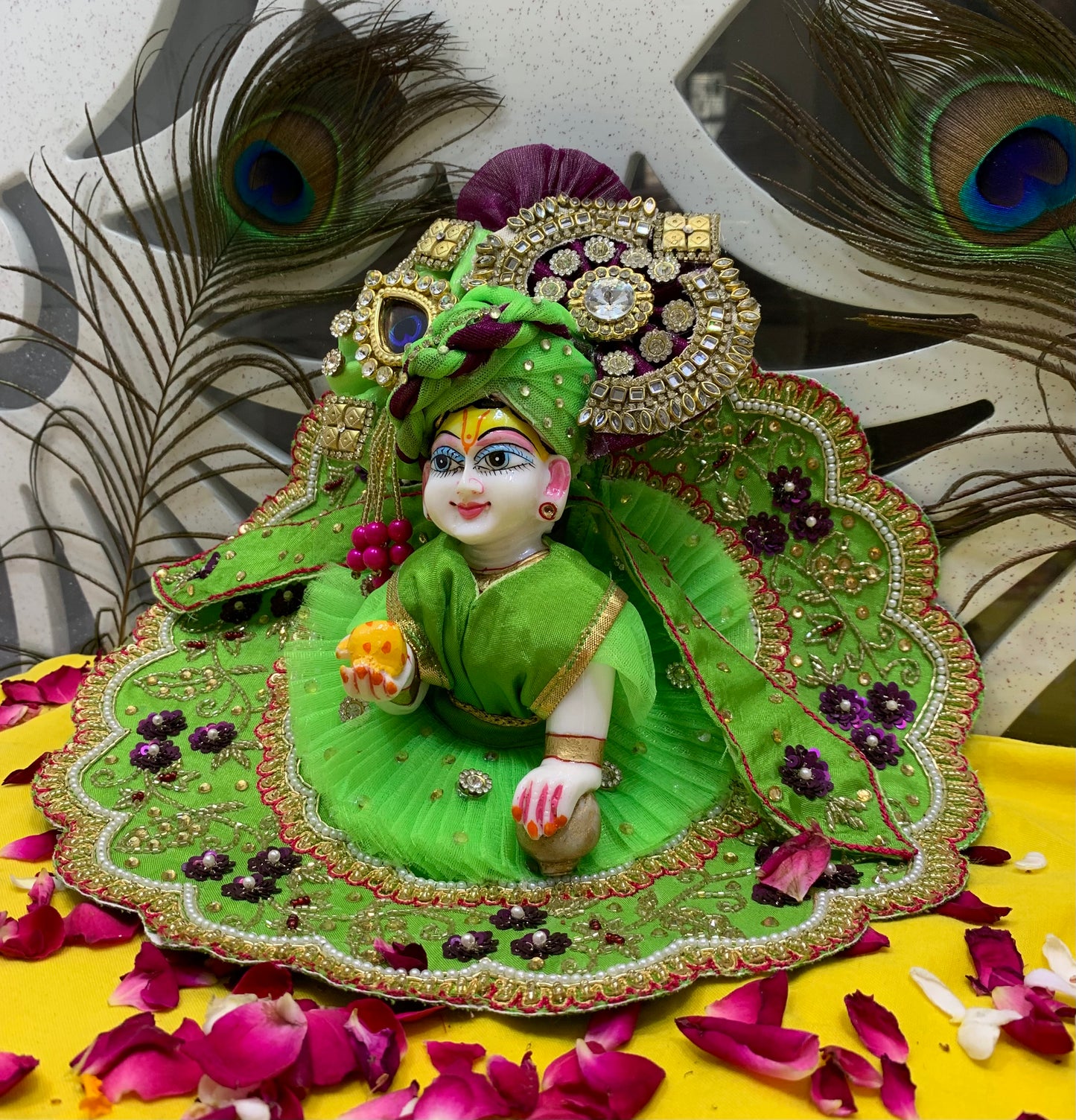 Elegant Green Embroidered Laddu Gopal Dress Set with Crown & Accessories