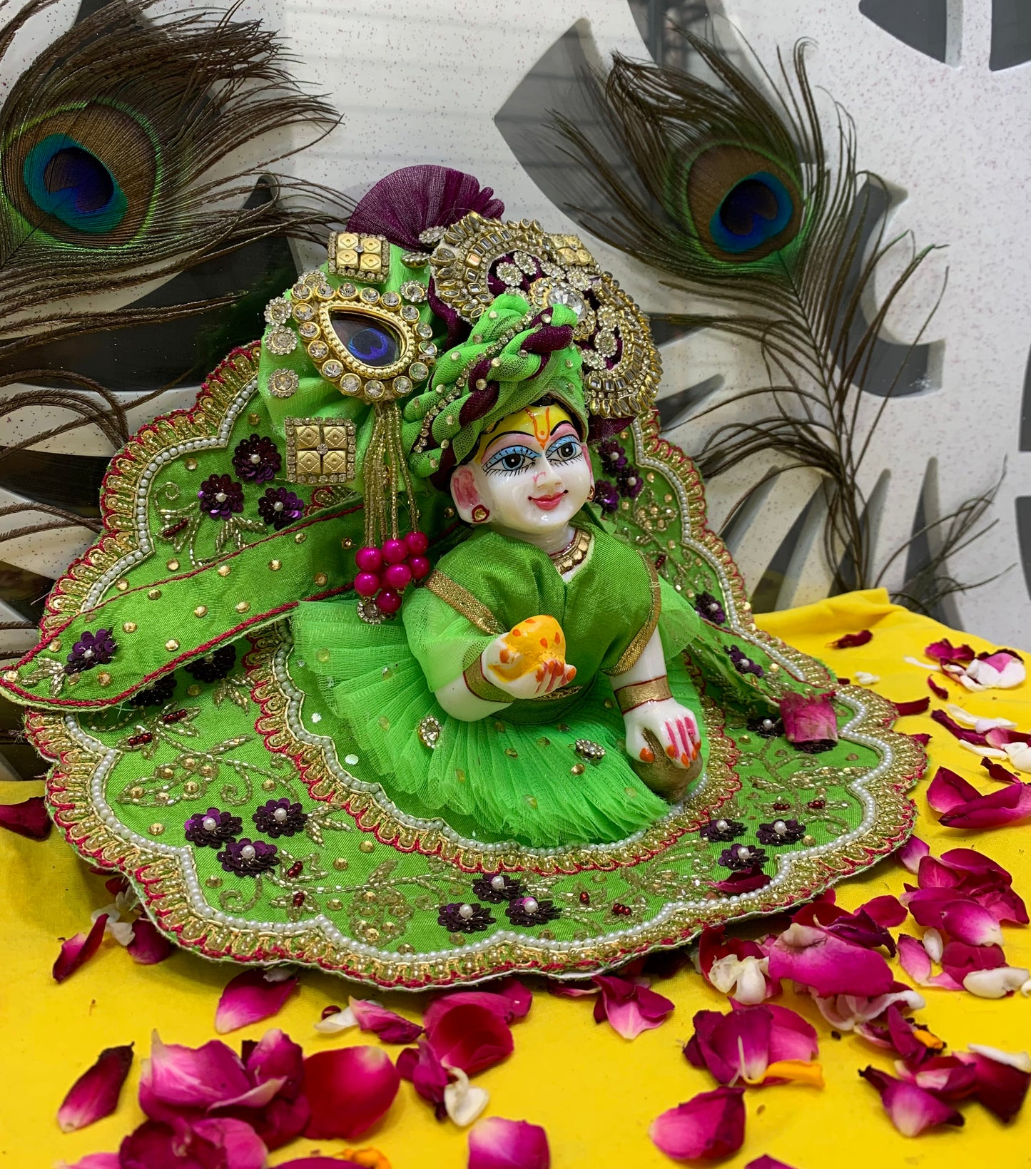 Elegant Green Embroidered Laddu Gopal Dress Set with Crown & Accessories