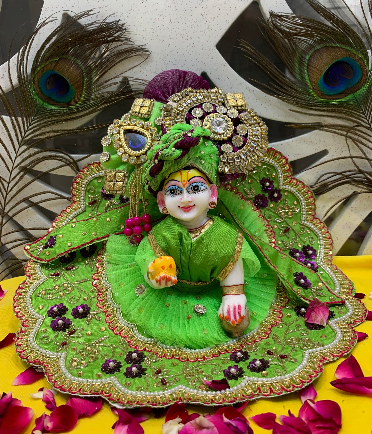 Elegant Green Embroidered Laddu Gopal Dress Set with Crown & Accessories