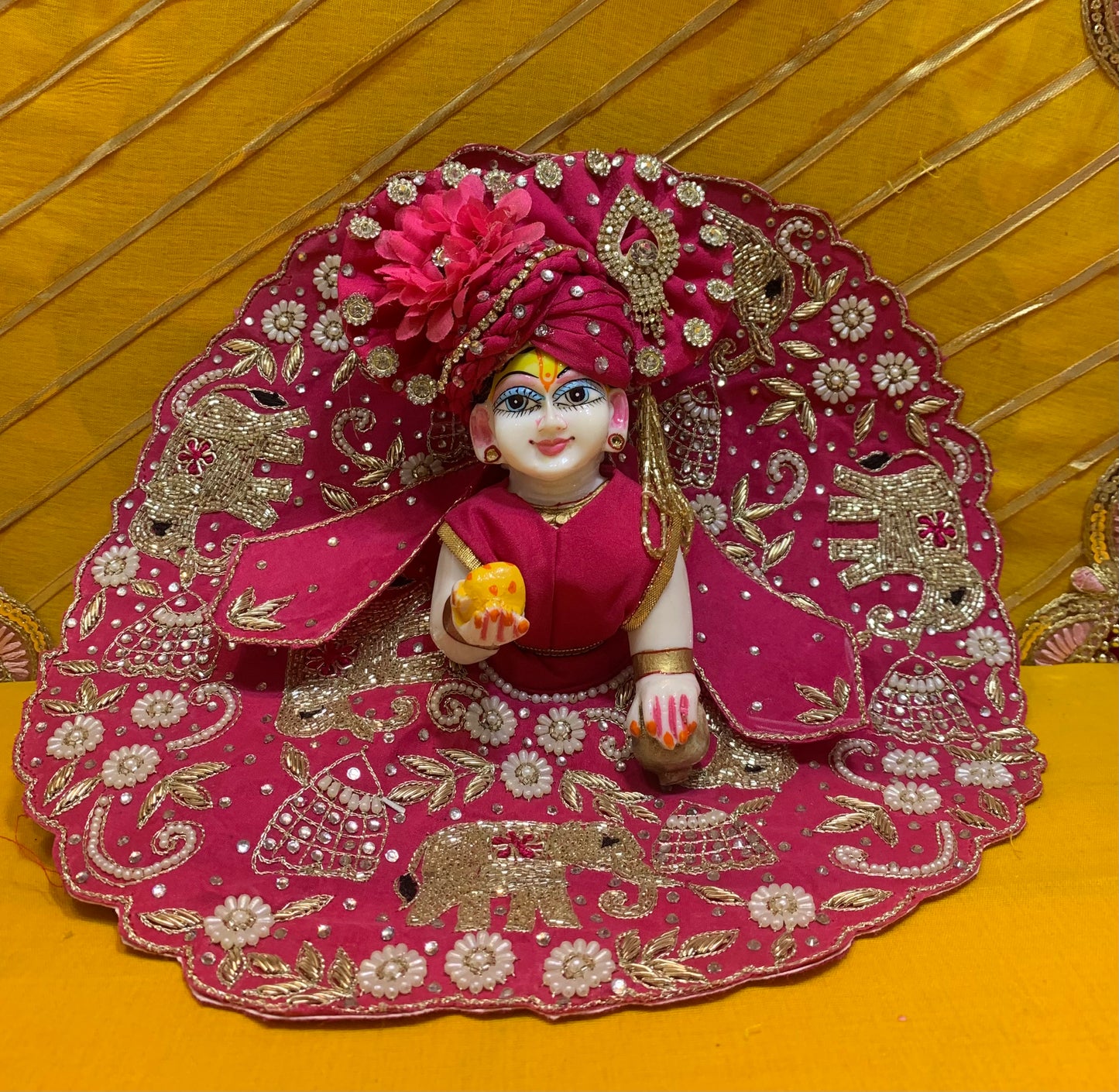 Magenta Embroidered Laddu Gopal Dress Set (Peacock & Elephant Design)