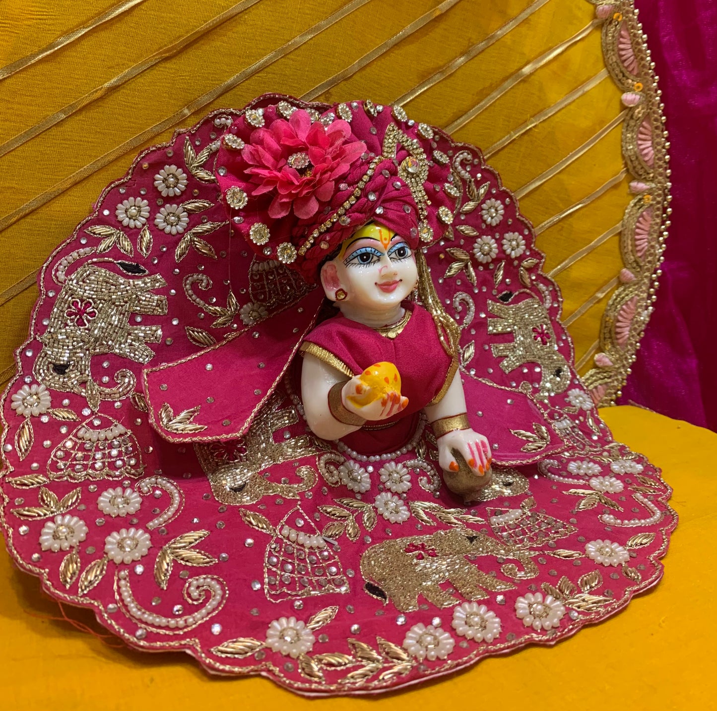 Magenta Embroidered Laddu Gopal Dress Set (Peacock & Elephant Design)