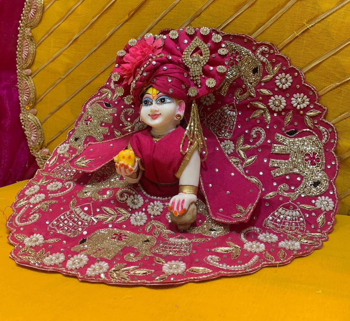 Magenta Embroidered Laddu Gopal Dress Set (Peacock & Elephant Design)