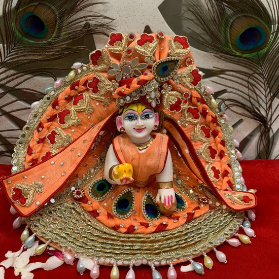 Elegant Orange Embroidered Laddu Gopal Dress with Peacock Motif