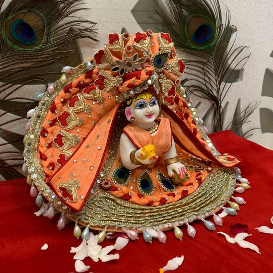 Elegant Orange Embroidered Laddu Gopal Dress with Peacock Motif