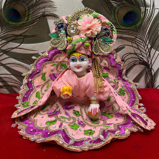 Elegant Pink Embroidered Laddu Gopal Dress Set with Crown & Accessories