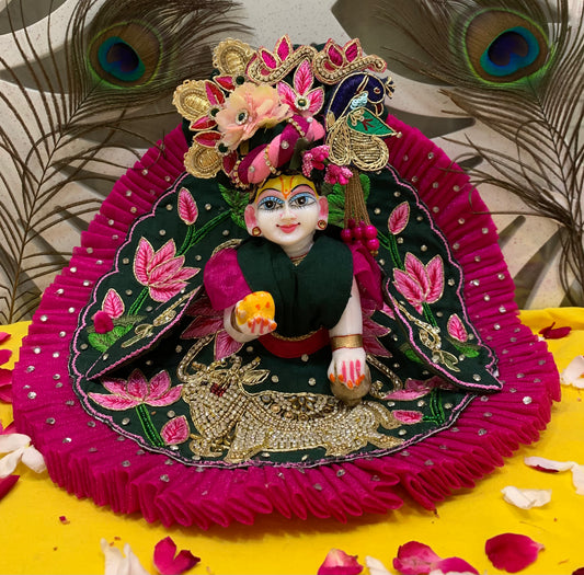 Peacock Green & Magenta Laddu Gopal Dress with Lotus Embroidery and Kamdhenu Motif