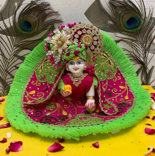 Dual-Tone Pink & Green Laddu Gopal Dress with Embroidered Floral Design & Elegant Accessories