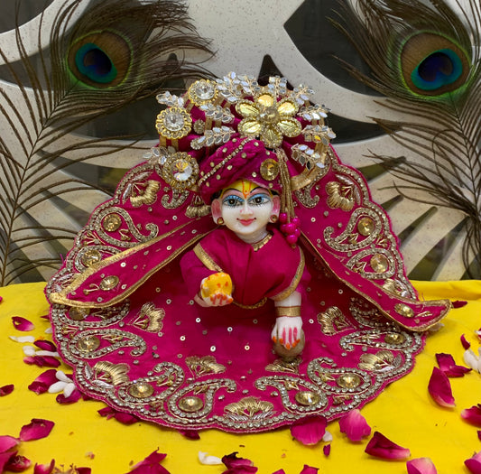 Royal Pink Laddu Gopal Dress Set with Golden Embroidery & Designer Crown