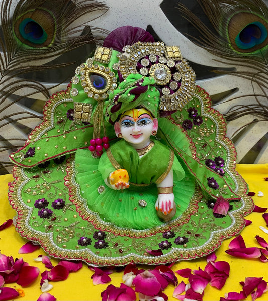 Elegant Green Embroidered Laddu Gopal Dress Set with Crown & Accessories