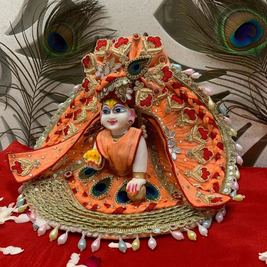 Elegant Orange Embroidered Laddu Gopal Dress with Peacock Motif