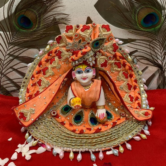 Elegant Orange Embroidered Laddu Gopal Dress with Peacock Motif